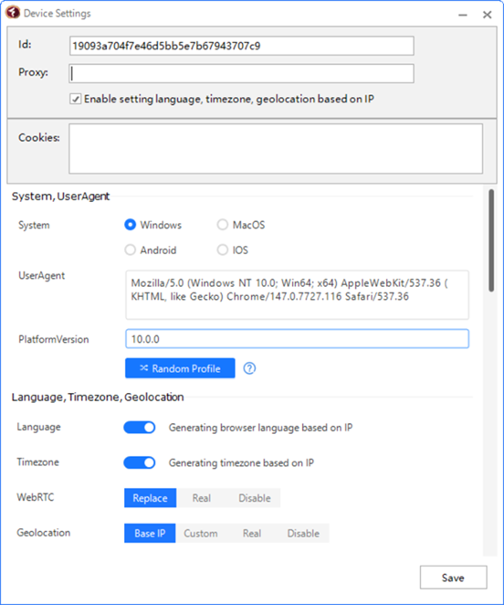 Title: Figure 5 - Description: TrafficBotPro Device Settings with operating system, user agent, Random Profile, language, timezone, WebRTC, and geolocation controls.