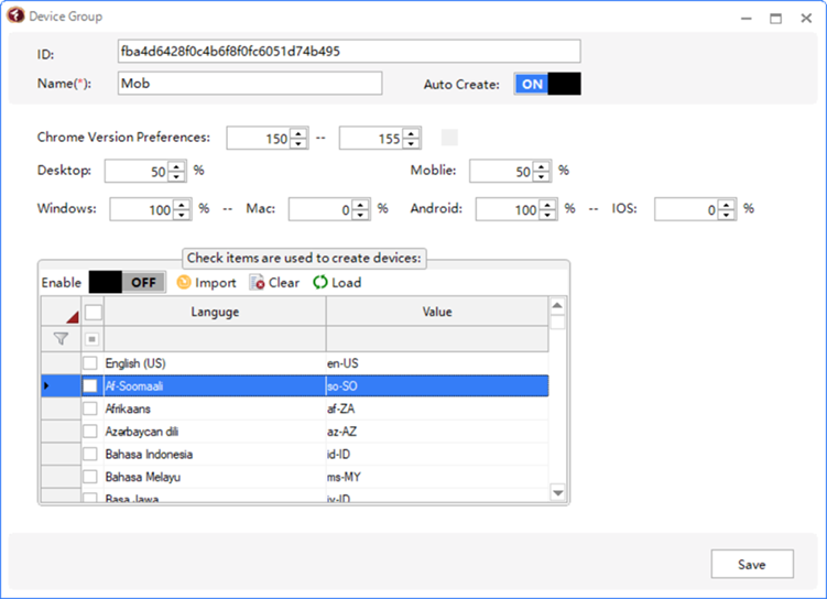 Title: Figure 4 - Description: TrafficBotPro Device Group with Auto Create enabled, 50 percent desktop and 50 percent mobile, and operating system and Chrome version preferences.