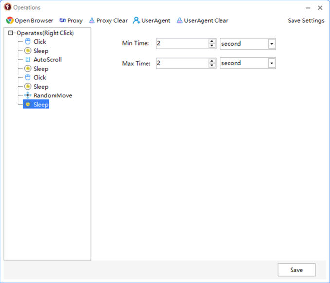 Title: Figure 3 - Description: TrafficBotPro Operations editor with Click, Sleep, AutoScroll, and RandomMove actions and minimum and maximum pause times.
