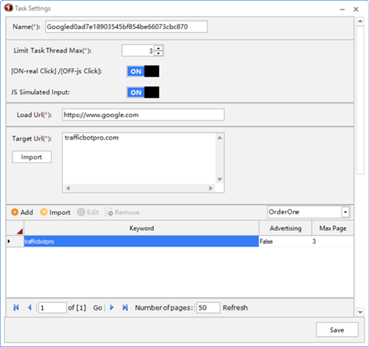 Title: Figure 1 - Description: TrafficBotPro Task Settings with Real Click and JS Simulated Input enabled, the trafficbotpro keyword, and Max Page set to 3.