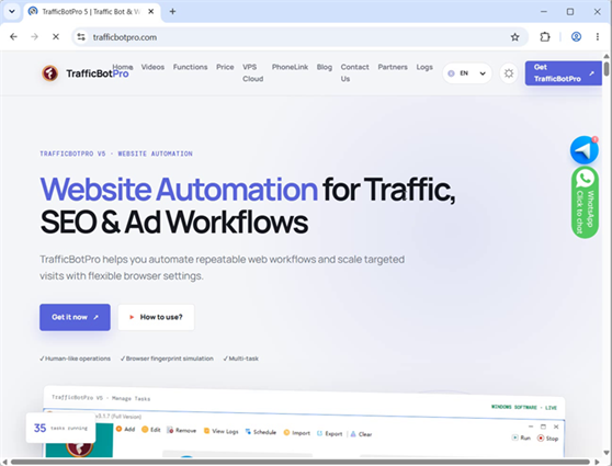 Title: Figure 2 - Description: TrafficBotPro website loaded in the browser at approximately 42 seconds in the search and click demonstration.